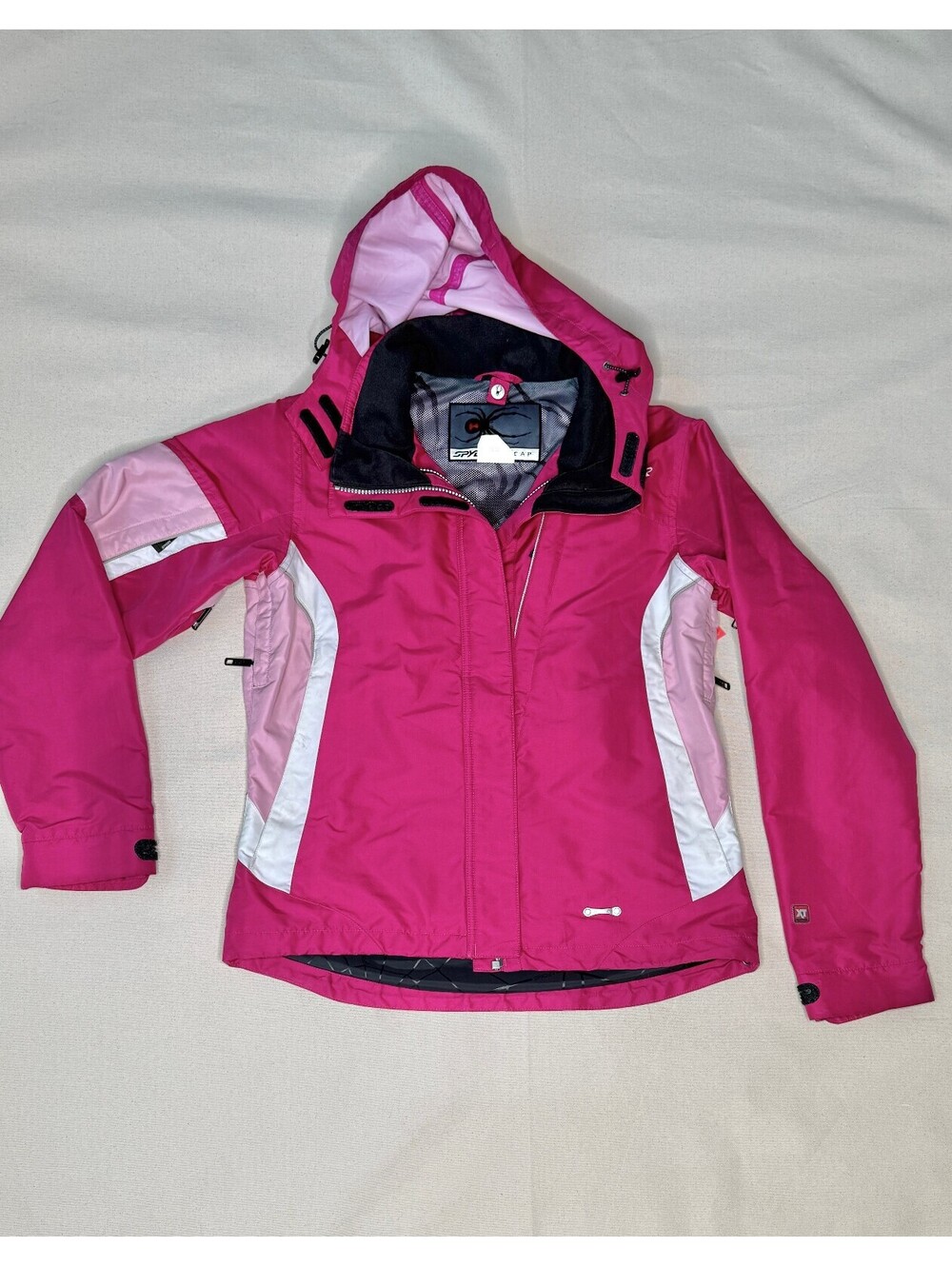Spyder XSCAPE Women’s Ski Jacket Size 8 Pink White Detachable Hood Snow Coat